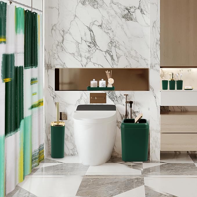 XLHOMO Green and Gold Bathroom Accessories Set, Bathroom Sets with Shower Curtain, Green Bathroom Accessories with Trash Can, Soap Dispenser, Soap Dish, Toilet Brush Holder, Qtip Holders