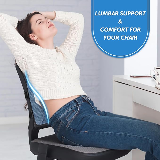 Lumbar Support Pillow for Office Chair Back Support Lumbar Pillow for Car, Gaming, Office Chair - Improve Sitting Posture & Back Pain Relief, Memory Foam, Adjustable Straps, Light Blue