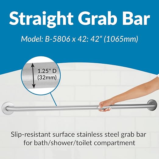 Bobrick 42-Inch Straight Grab Bar, ADA Compliant Bathroom Safety Rail, Satin Finish Stainless Steel with Concealed Mounting Flange, Ideal for Commercial and Residential Bathtubs & Showers
