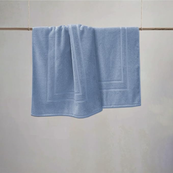 Feather & Stitch 2 Piece Towel Like Bath Mats (30x21 Inch) 100% Cotton Terry Bath Mats, Bathroom Shower Floor Mats [NOT A Bathroom Rug], Soft Absorbent Washable Mats - Pool Blue