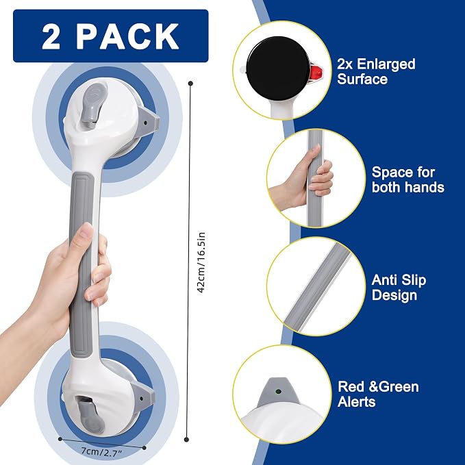 16.5 Inch Shower Handles for Elderly Suction Heavy Duty 300 Lbs (2 Pack), Safety Grab Bars for Shower with Indicators, Removable Shower Handrails for Seniors, Elderly, Handicap, No Drilling (Gray)