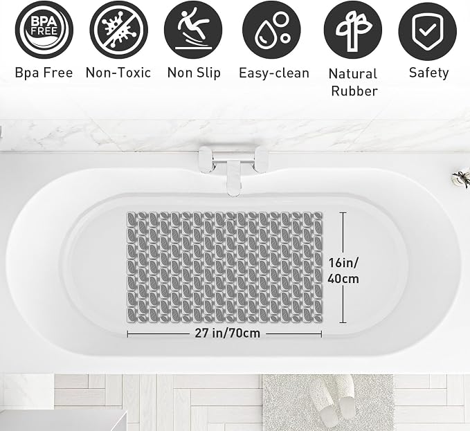XIYUNTE Shower Mat Non Slip Bathtub Mat - 27 x 16Inches Soft Rubber Bath Mat for Tub Non Slip Bath Mat with Suction Cups and Drain Holes, Easy to Clean, Easy to Cut, Eco-Friendly, Dark Grey