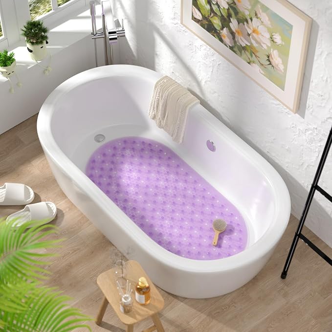 HITSLAM Oval Bathtub Mat Non Slip, 27x15 Inch Bubble Bath Tub Mat for Bathroom, Machine Washable Shower Mat with Suction Cups and Drain Holes, Purple