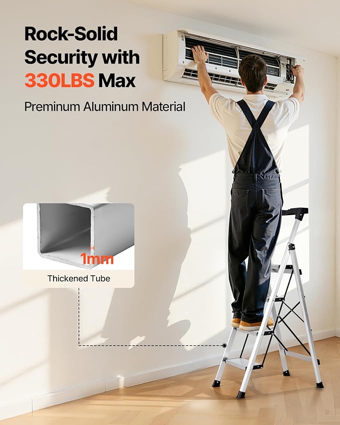 VEVOR 4 Step Ladder, Folding Step Stool with Wide Anti-Slip Pedal and Comfort Handgrip, 330 lbs Capacity Portable Aluminum Stepladder, Multi-Use for Kitchen, Home, Warehouse and Office, Silver