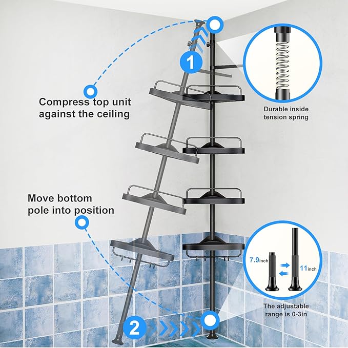 HAMITOR Corner Shower Caddy Tension Pole: Adjustable Stainless Steel Shower Organizer 4 Tier Shelf for Bathroom Bathtub Shampoo - Floor Standing Rack Bath Storage Holder with Rust Proof Rods - Black