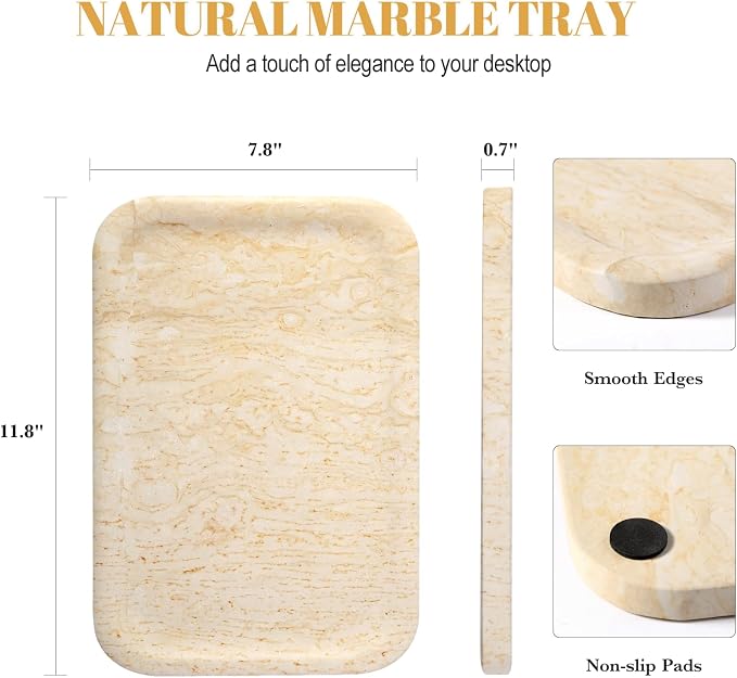 Koville Marble Tray, 12"x8" Marble Vanity Tray for Countertop Bathroom Kitchen Dresser, Decorative Catchall Trays for Perfume Jewelry, Rectangular Stone Serving Tray(Beige)