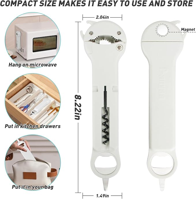 Jar Opener for Seniors with Arthritis, 7 in 1 Bottle Opener and Wine Corkscrew, Easy Grip Kitchen Gadget for Weak Hands Elderly, Retractable Jaw Lid Opener with Magnetic Storage (White)