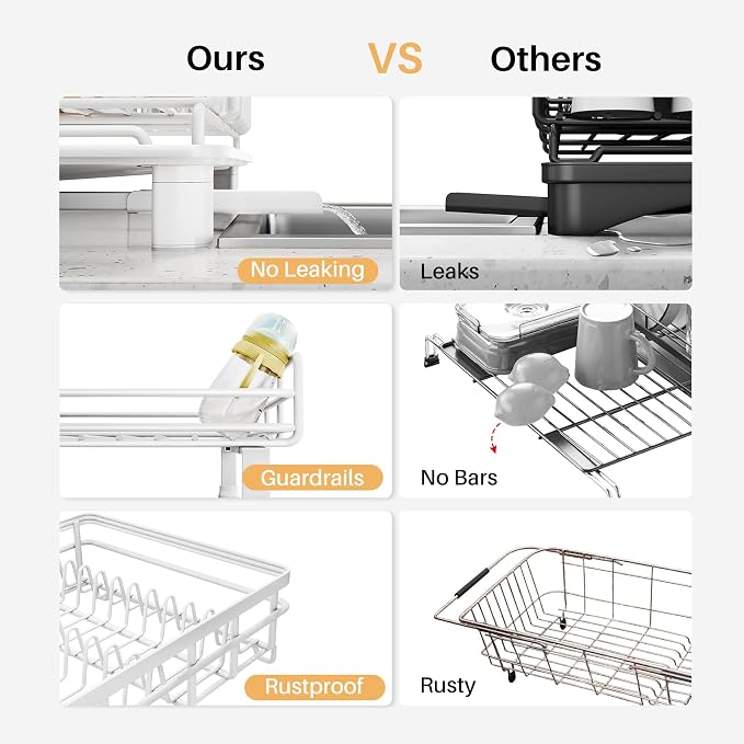 SNTD Dish Drying Rack - Extendable Dish Rack, Large Sink Drying Dish Drainer for Kitchen Counter, Stainless Steel Dish Strainer with Utensil Holder (White)