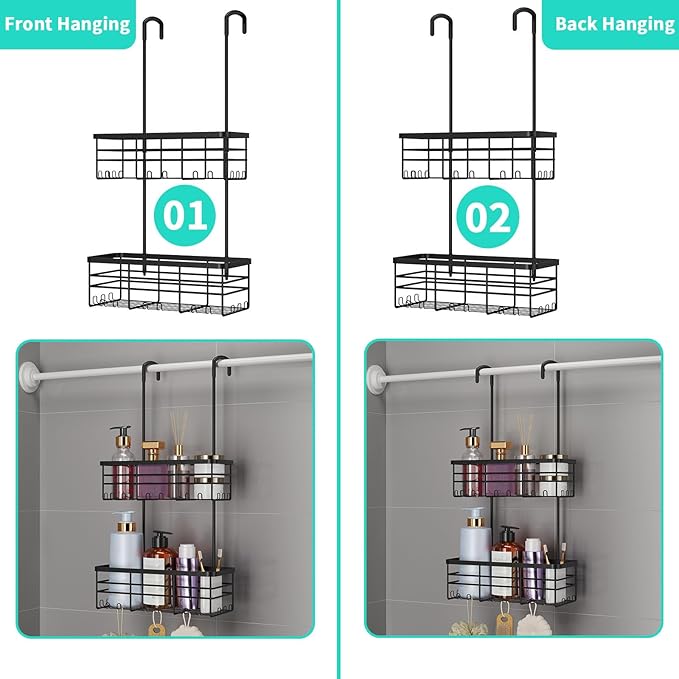 HapiRm Hanging Shower Caddy Organizer - No Drilling Shower Organizer with Hooks, Rustproof & Waterproof 304 Stainless Steel Bathroom Shelves - Black