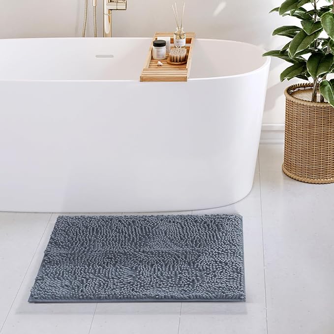 Hearth & Harbor Bathroom Rugs, Chenille Bath Mat - Machine Washable Bath Mats for Bathroom Non-Slip Backing Rubber, Quick Dry Bathroom Mat, 17 x 24 - Stone Blue