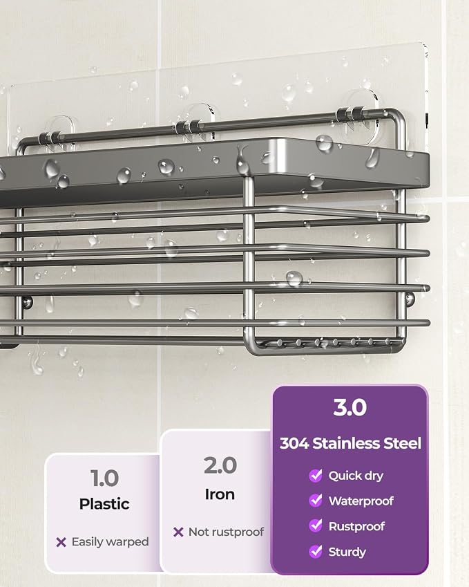 ODesign Shower Caddy 3 Pack SUS304 Stainless Steel-No Drilling-Shower Bathroom Shelves Rack,Rustproof Wall Mounted,Adhesive Shower Shelf Basket Organizer-Grey