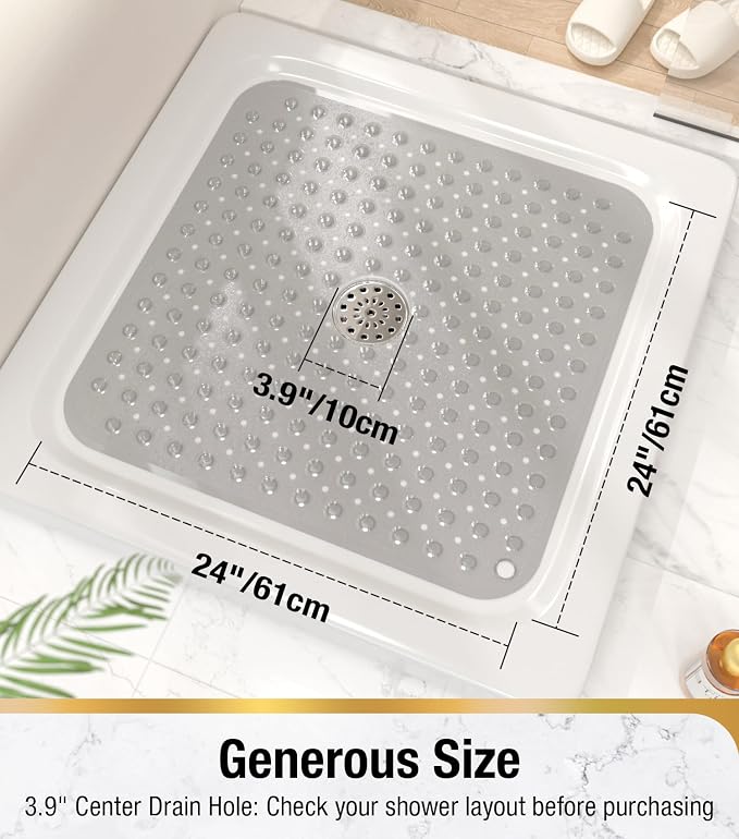 HITSLAM Shower Bathtub Mat Non Slip, 24"x 24" Bath Mat for Tub, Soft PVC Shower Mats for Inside Shower with Suction Cups and Center Drain Hole, Machine Washable Bathroom Floor Mat, Grey