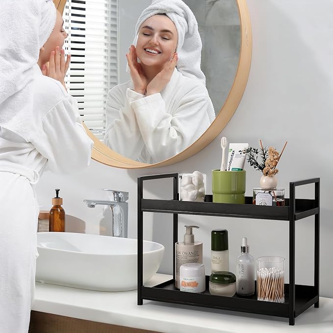 Bathroom Counter Organizer 2 Tier Vanity Storage Countertop Shelf Makeup Organizer Perfume Tray Skincare Holder for Sink, Dresser, Kitchen, Large Black