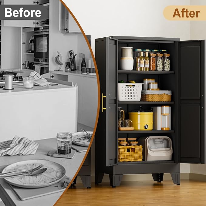 47" Black Metal Garage Storage Cabinet with 2 Doors and 3 Adjustable Shelves,Kitchen Pantry Cabinet,File Cabinet,Steel Tool Cabinet for Home,Office,Garage,School,Warehouse