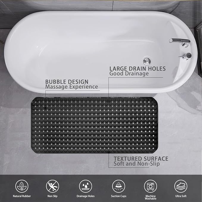 SELIBRE Rubber Bath Mat, 36 x17” TPR Black Tub Mats with 198+ Suction Cups, Bath Mat for Elderly/Kids, Machine Washable & Fast Drainage, Foot Massage Design (Black, Extra Large)