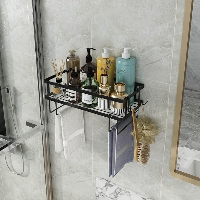 Godboat Bathroom Organizer - Over Toilet Storage, Floating Shelves with 2 Hooks, Wall Mounted Shelf Rack, Behind and Above the Tank, Gifts for Women (Black, 1-Tier)