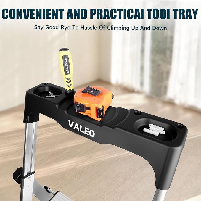 Valeo Aluminium 3 Step Ladder with Retractable Handgrip,Anti-Slip Pedal,330 lbs Capacity,Folding Step Stool for Kitchen, Garage, Home, Space Saving, Sturdy and Portable, Silver