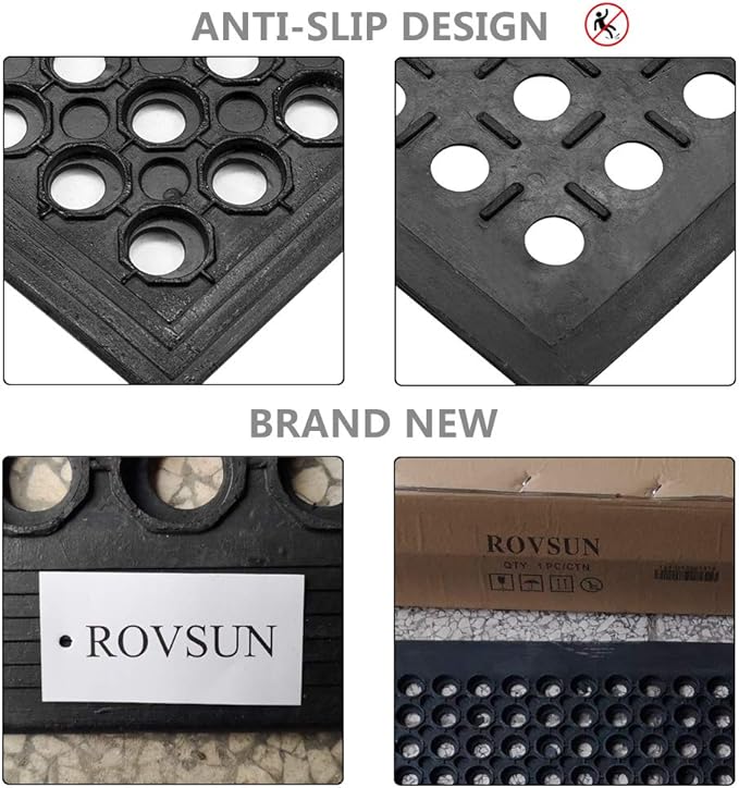 ROVSUN Rubber Floor Mat with Holes, Anti-Fatigue/Non-Slip Drainage Mat, for Industrial Kitchen Restaurant Bar Bathroom Utility Garage Pool Entry Door Mat, Indoor (36'' x 60'' Black 1Pcs)