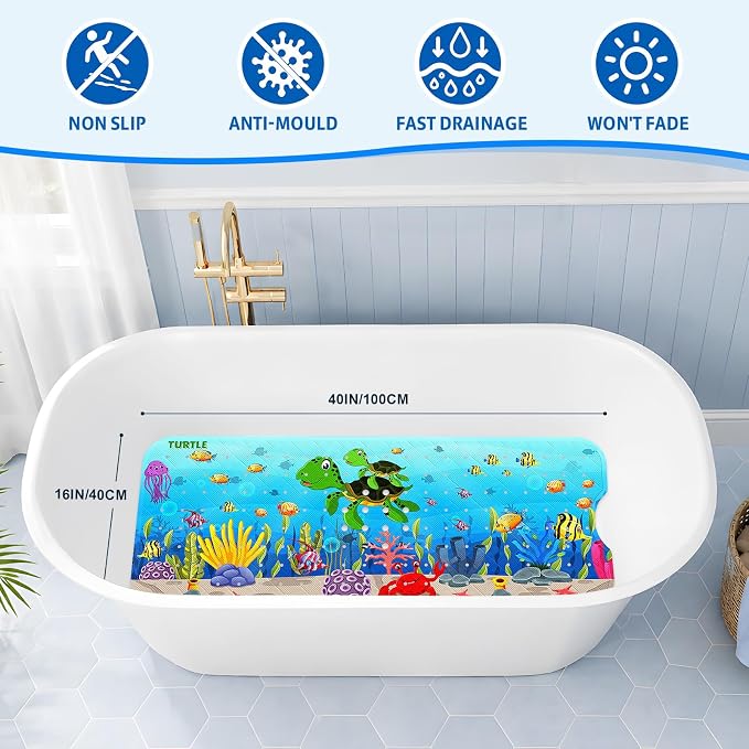 XIYUNTE Baby Bath Mat for Tub Non Slip Kids Bath Mat - 40''x16'' Extra Long Cartoon Bathtub Mat Non Slip Kids Shower Mat Eco-Friendly Toddler Bath Mats with Suction Cups, Machine Washable, Sea Turtle
