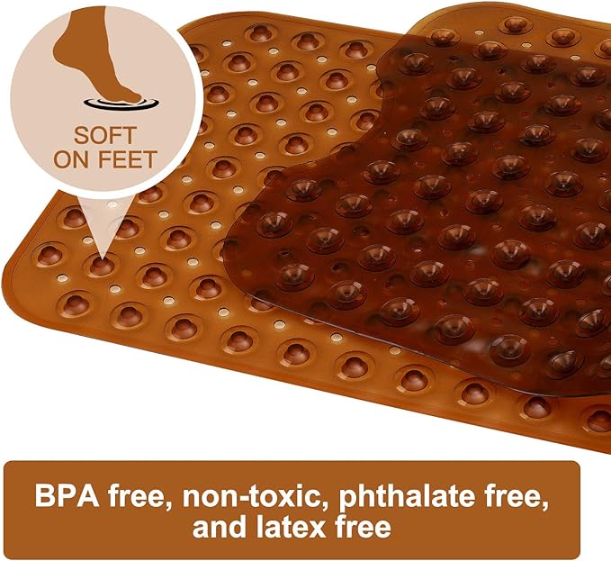 YINENN Bath and Shower Safety Mats 40x16 inch, Non Slip with Suction Cups for Bathroom Stall and Tub Floor, Extra Large and Machine Washable, Drain Holes Keep Bathtub Clean, Brown
