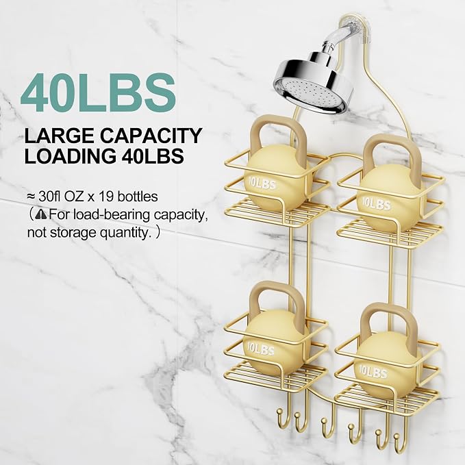 SRIWATANA Shower Caddy Hanging, Bathroom Organizer, No Drilling Shelves Over Shower Head, Bath Rack Holder with Hooks for Razors and Sponge - Gold