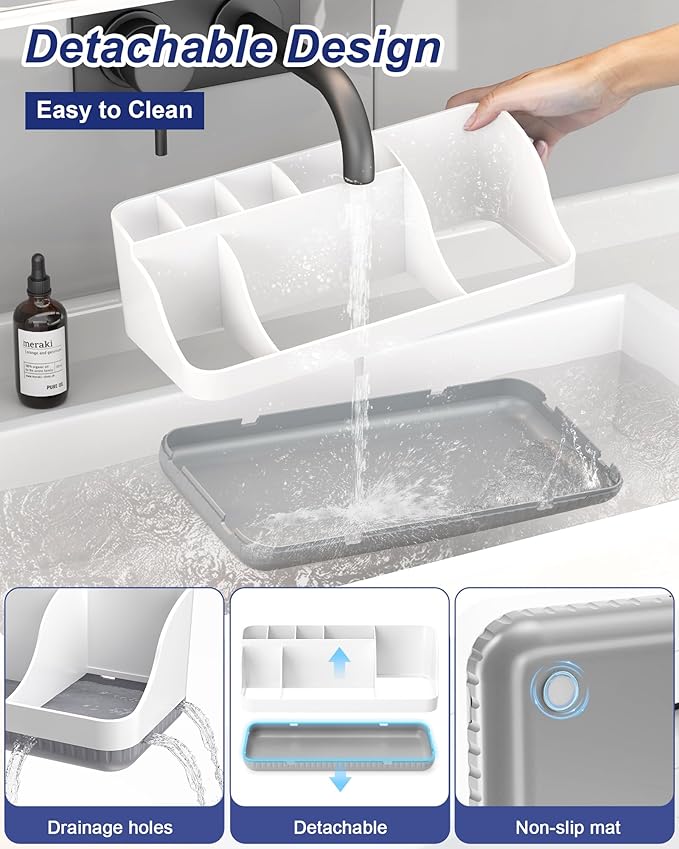 Bathroom Counter Organizer and Storage with 2 Pack Qtip Holder Dispenser, 7 Slots Detachable Toothbrush Holders for Bathrooms, Anti-Slip Electric Toothbrush and Toothpaste Holder Countertop