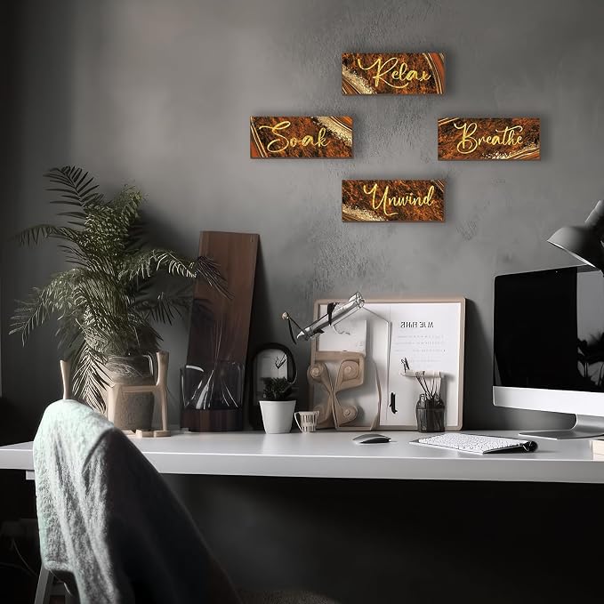 ONIZHITY 4 Pcs Wooden Rustic Marble Style Bathroom Accessories - Orange Gold Wall Decor for Bedroom, Living Room, Office, Kitchen (10X4)