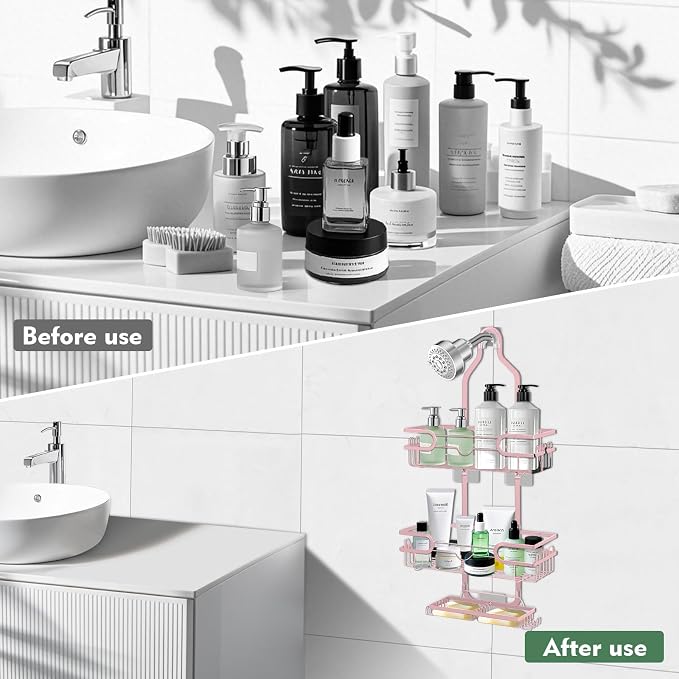 Shower Caddy Hanging, Over Head Shower Caddy Shower Storage Rack Basket with Hooks for Razor and Sponge Rustproof, No Drilling, Accessories for Bathroom and Kitchen, pink
