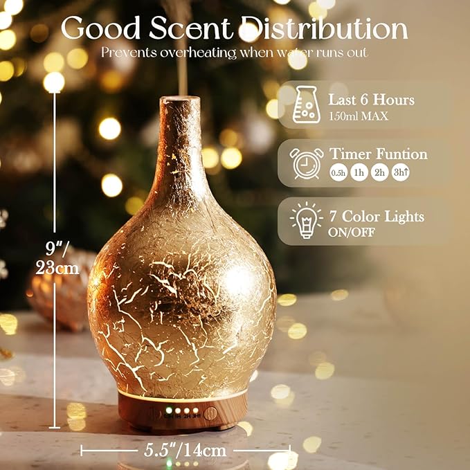 Porseme Gold Plated Essential Oil Diffuser Glass Aromatherapy Ultrasonic Humidifier, Auto Shut-Off,Timer Setting, BPA Free,Aroma Decoration for Home,Office,Gym,Spa,Premium Gift 150ml