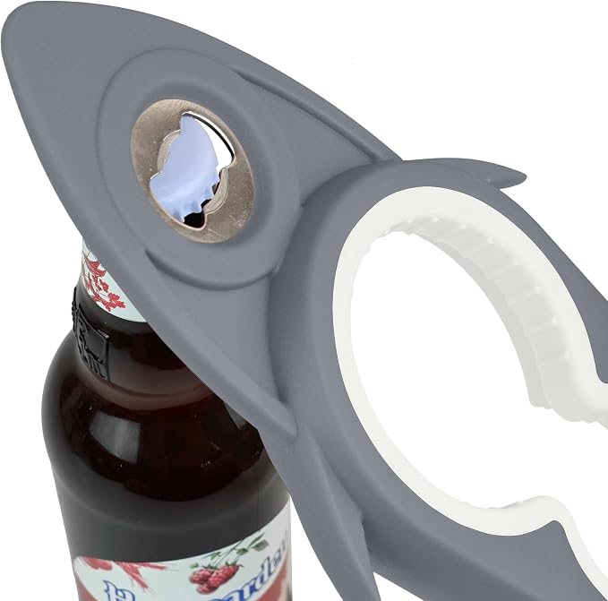 Jar Opener Bottle Opener for Arthritis, 5-in-1 Multifunctional Jar Opener, Easy to Use for Seniors and Weak Hands, Shark Shape Kitchen Gadget for jar, Beer and Bottle (Grey and White)