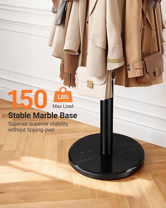 Pipishell Metal Heavy Duty Coat Rack with Sturdy Marble Base, Coat Tree with 16 Hooks & Detachable Umbrella Holder,Coat Rack Freestanding for Entryway, Corner, Bedroom and Home Office, Black