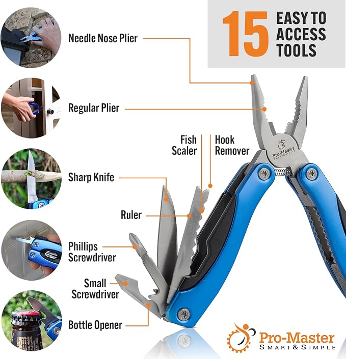 15-in-1 Multitool with Safety Locking, Stainless Steel Pocket Knife & Pliers, Compact EDC Multi Tool for Camping, Hiking, Fishing, Outdoors, Survival, Gift for Men, Father, Husband, Boyfriend