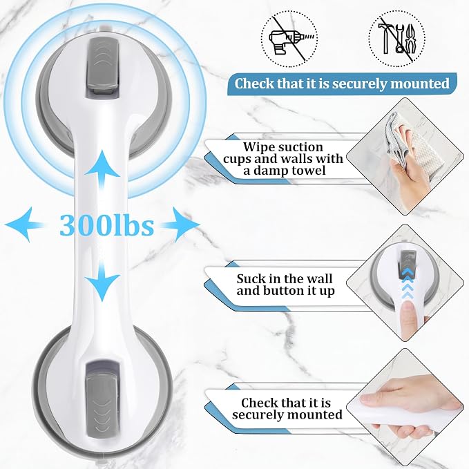 Shower Handle 1 Pack Grab Bars for Bathtubs & Showers, 12 inch Grab Bars for Bathroom with Strong Hold Suction Cup, Balance Bar Safety Hand Rail for Injury, Senior, Elderly Grey