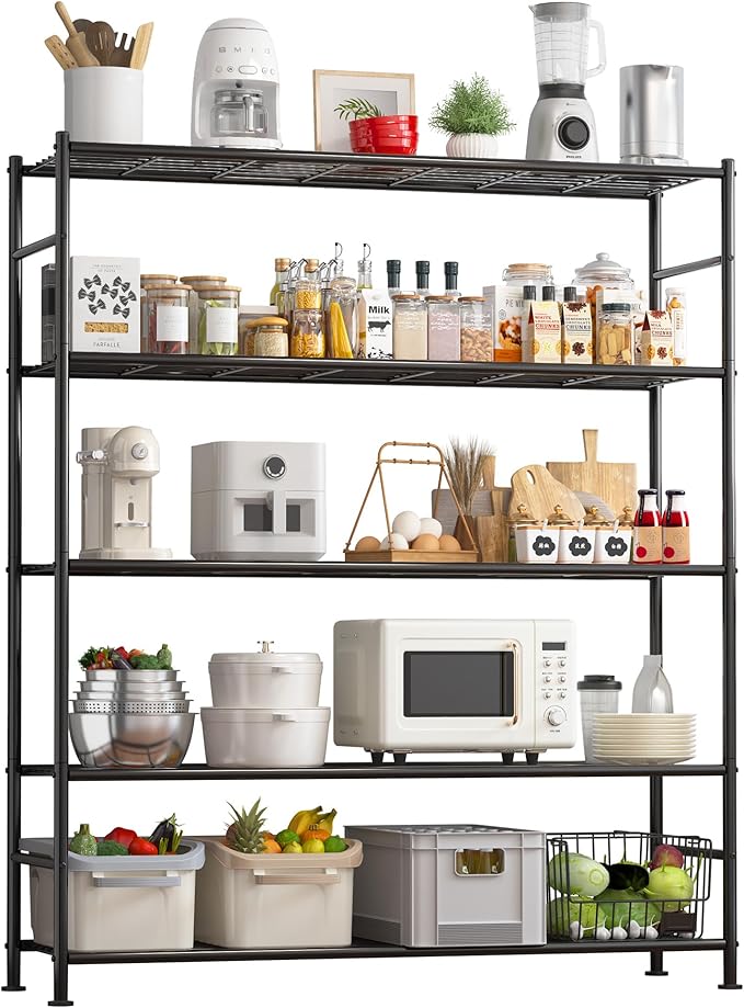 Sakugi Storage Shelves - 5 Tier Shelf Organizer, Sturdy Metal Garage Shelving with Adjustable Leveling Feet, Space-Saving Shelves Organizer for Pantry, Laundry, Kitchen (47" x 12" x 60", Black)