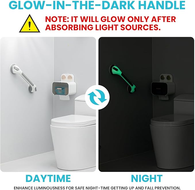 TAILI Shower Grab Bar Glow in The Dark, 2 Pack 16.8 in Grab Bars for Bathtubs and Showers,Shower Handles Rails for Seniors and Elderly,Bathroom Safety Grip Removable No Drilling Waterproof Grey,G9