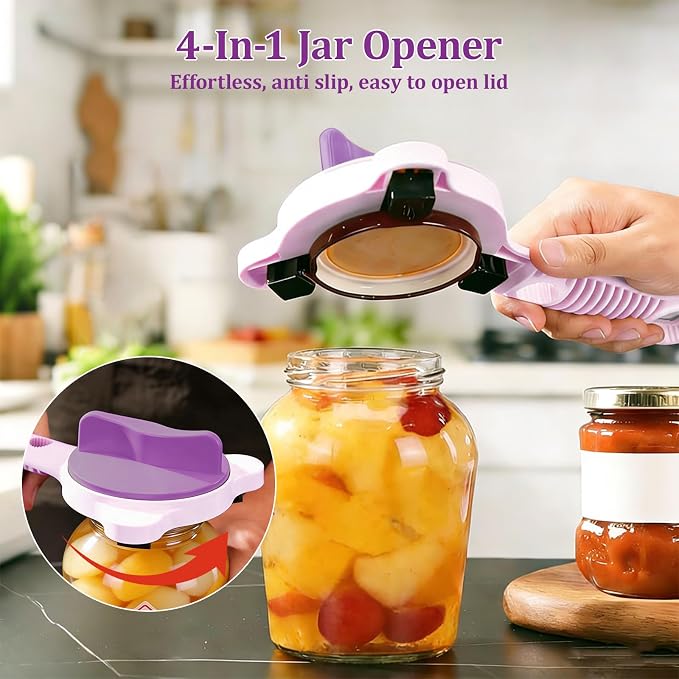 2026 Adjustable 4‑in‑1 Jar Opener with Red Wine Corkscrew & 2 Can Openers, Jar Opener for Seniors and Weak Hands, Perfect for Kitchen Jars,Bottles & Beer Caps (purple）