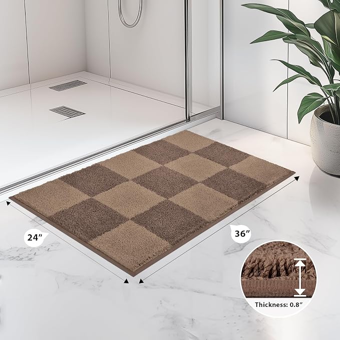 anllugs Bathroom Rugs 24" x 36", Non-Slip Extra Soft Absorbent Bath Rugs, Machine Washable Quick Dry Bath Mats for Bathroom Floor, Shower, Bathtub and Sink, Checkered Grayish Brown & Coffee