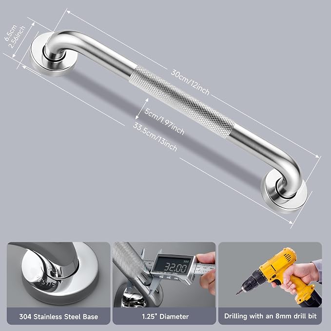 12 Inch Shower Grab Bar 1.25" Dia, 2 Pack Nickel Anti Slip Bathroom Grab Bar, 304 Stainless Steel Knurled Handicap Grab Bars, Safety Support Handrail,Bath Shower Handle for Elderly Injury Senior