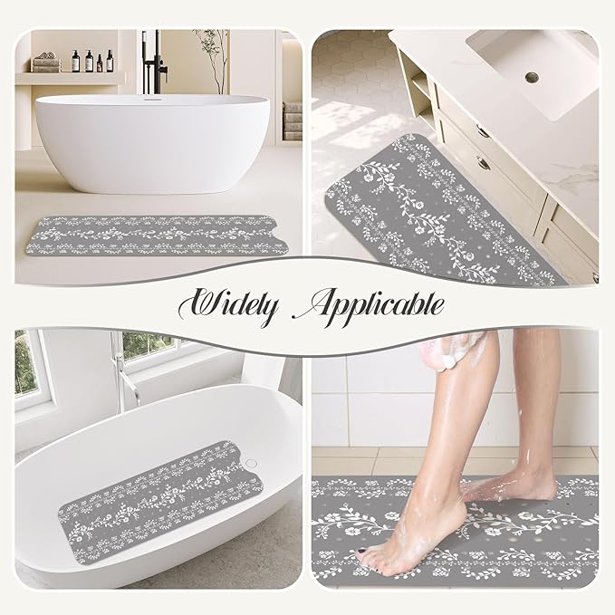SHUCHING Gray Bath Mat for Tub Non Slip for Women-40 X 16 Inch, Flower Non Slip Bathtub Mat for Adults & Elderly Mold Free, Long Shower Mat for Inside Shower with Suction Cup, Machine Washable