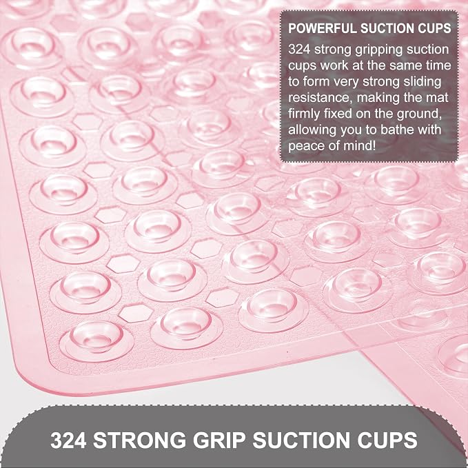 TEESHLY Bath Mat for Tub & Shower, Non Slip Soft Bathmat with Suction Cups & Drain Holes, Machine Washable Bathtub Floor Liner Mats for Bathroom, 35x16 Inch, Clear Pink