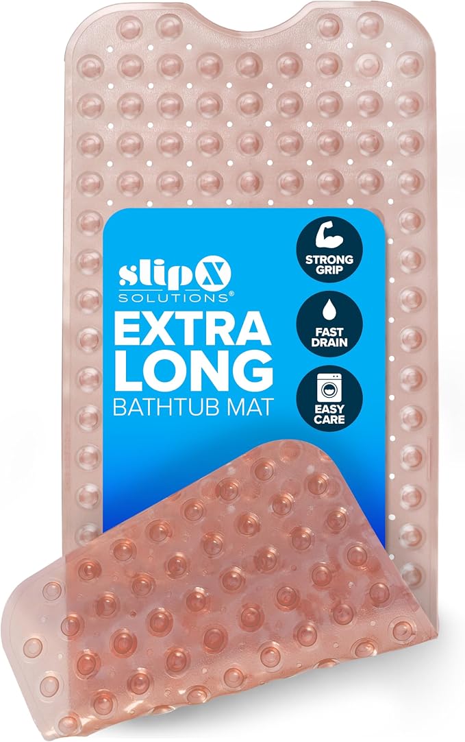 SlipX Solutions Power Grip Extra Long Bath Tub & Shower Mat 39x16, Wet Floor Non-Slip for Elderly & Kids Bathroom, 30% Longer Bathtub Mats, 200 Suction Cups, Drain Holes (1, Translucent Coral)