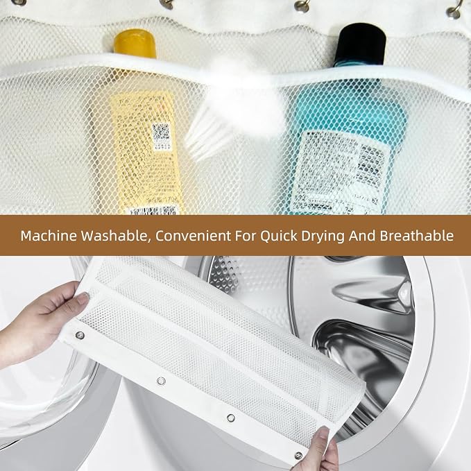 2PCS Mesh Shower Organizer Hanging,Shower Curtain Liner Pockets Hanging with Pockets Quick Dry Cruise RV Camper Bathroom Organizer with Shower Curtain Hooks