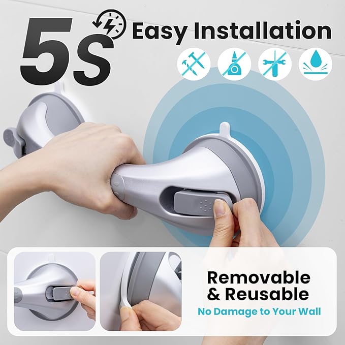 TAILI Shower Handles for Elderly Suction, 2 Pack 12 Inch Shower Grab Bars for Seniors, Grab Bars for Bathtubs and Showers, No Drilling Removable Safety Shower Grip, Silver,G9