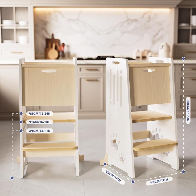 Toddler Tower,Height-Adjustable Step Stool with Sliding Safety Door,Easy to Adjust Height,Suitable for Kids from 18 Months to 5 Years Old,Anti-tilt Kitchen Step Stool with Safety Feet-White