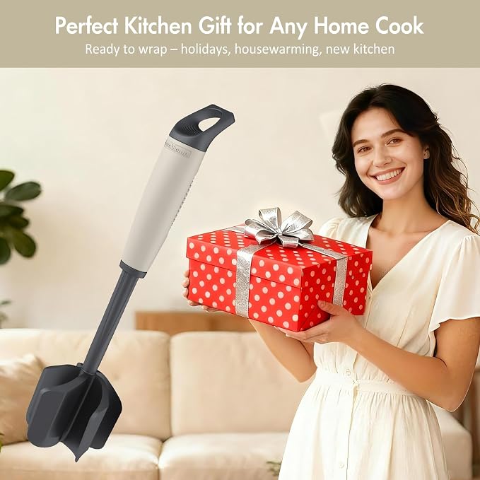 Ourokhome Meat Chopper and Potato Masher, Heat Resistant Nylon Ground Beef Smasher for Hamburger, 5 Curved Blades Nonstick Safe Mixer & Stirrer, Practical Kitchen Gadgets, Almond