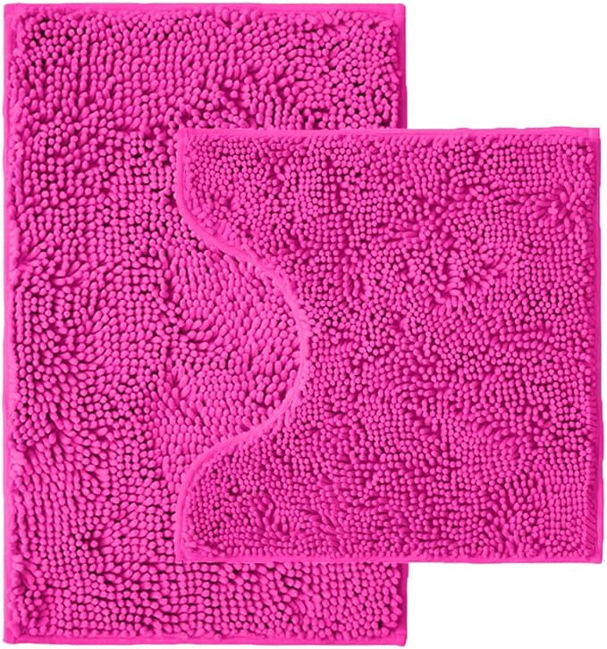 Bathroom Rugs Sets 2 Piece,Super Absorbent Chenille Bath Mats and U-Shaped Toilet Rug,Strong PVC Non Slip Backing,Microfiber Washable Dry Quickly Bath Mats for Bathroom(20"x32"+20"x20"U,Hot Pink)