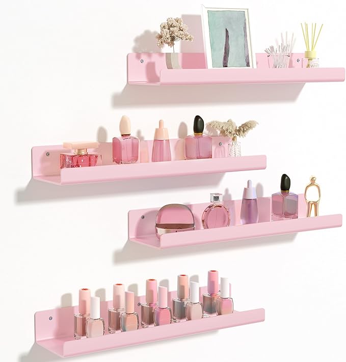upsimples Acrylic Shelves for Wall Decor, 15" Display Shelf Perfume Organizer for Bathroom, Bedroom, Living Room, Floating Bookshelves for Kids, Pink, 4 Pack
