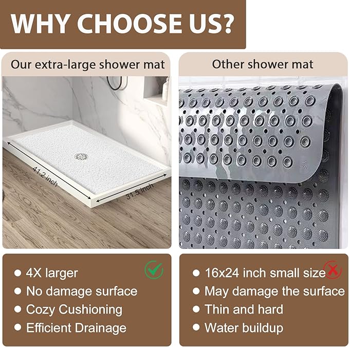 Shower Mat Non Slip: 47.2 x 31.5 Inch Extra Large Shower Mats for Inside Shower with Drain Hole - Soft PVC Loofah Anti Slip Shower Stall Mat for Walk-in Shower and Bathroom, Quick Drying