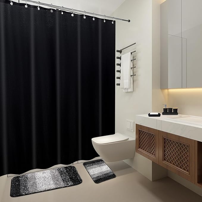 XLHOMO 24PCS Bathroom Sets with Shower Curtain and Rugs,Black Bathroom Accessories Set Waterproof Black and White Shower Curtain Set, Toilet Brush, Trash Can & Bathroom Rug