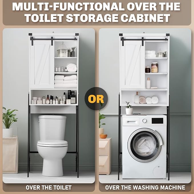 Over The Toilet Storage Cabinet, Behind Toilet Bathroom Organizer with Adjustable Shelves, Above Toilet Organizers with Barn Door, Space Saver for Restroom, Bathroom, Laundry, White